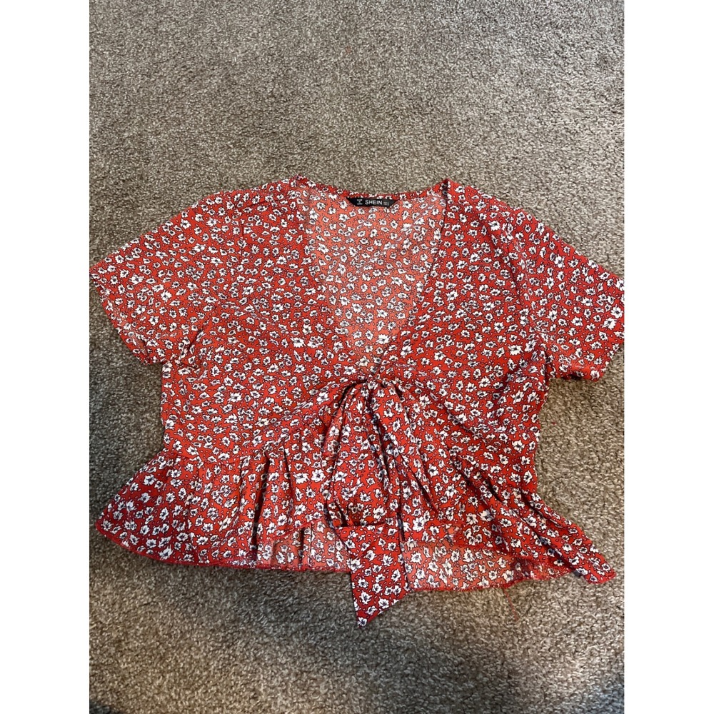 SHEIN Red Floral Tie Front Peplum Blouse Short Sleeve Women Size Medium